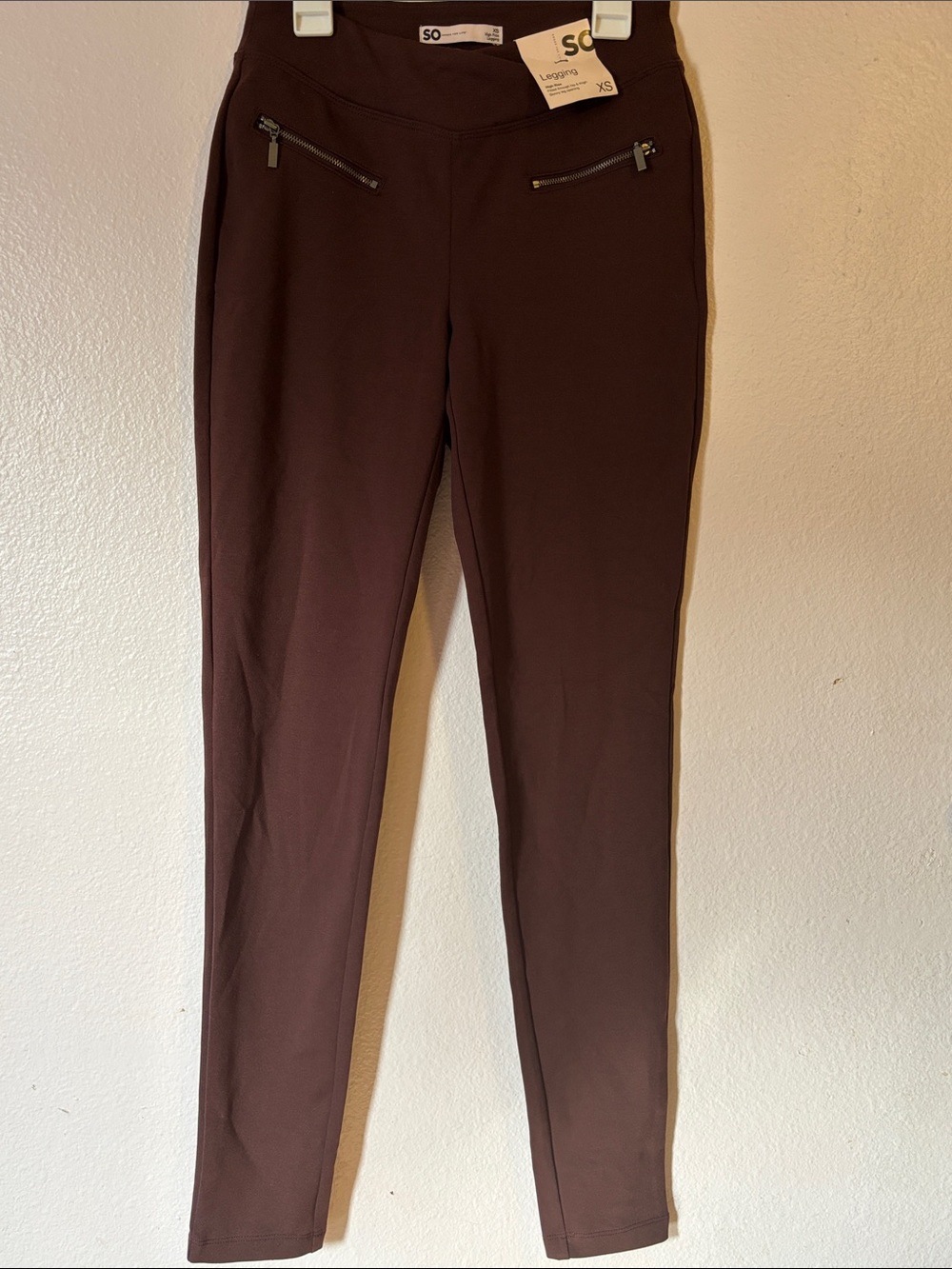 SO Brown High Rise Leggings Zipper Pockets Skinny Pants XS NWT